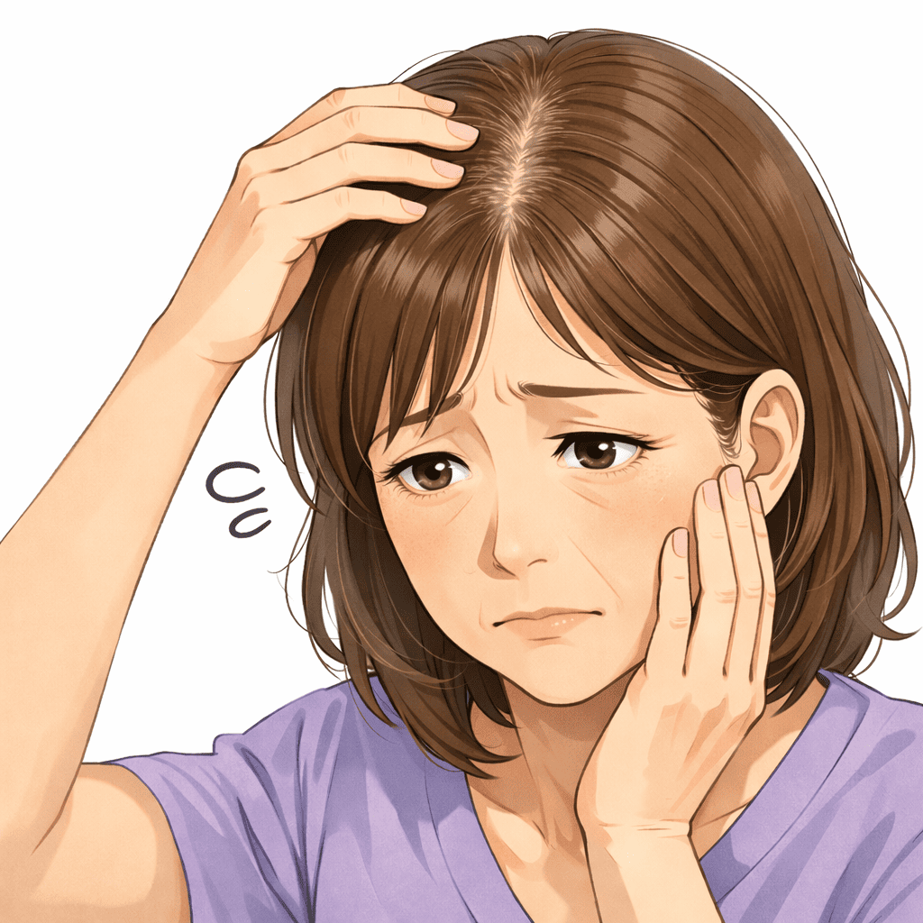 50代女性が髪の分け目の薄さに悩んでいる様子