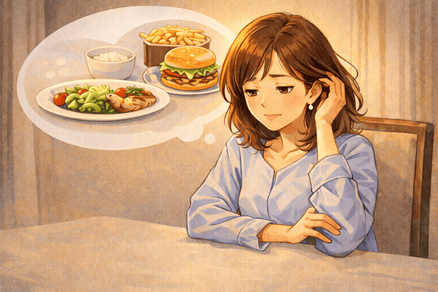 食事制限を考えて悩む50代女性と、吹き出しの中に健康的な食事とジャンクフードが並ぶイラスト。無理なダイエットと髪・栄養の関係をイメージした横長アイキャッチ。