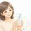 塩基性染料のヘアケア容器を見つめ、効果を期待する50代女性のイラスト（白髪が少し混じる自然な髪）