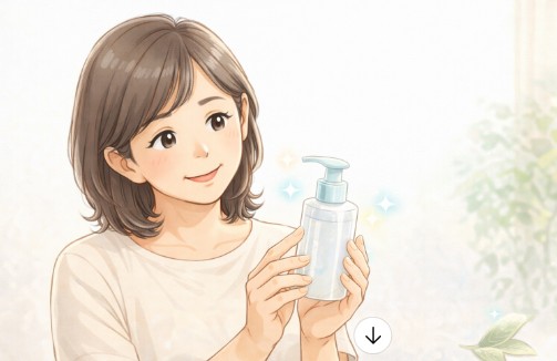 塩基性染料のヘアケア容器を見つめ、効果を期待する50代女性のイラスト（白髪が少し混じる自然な髪）