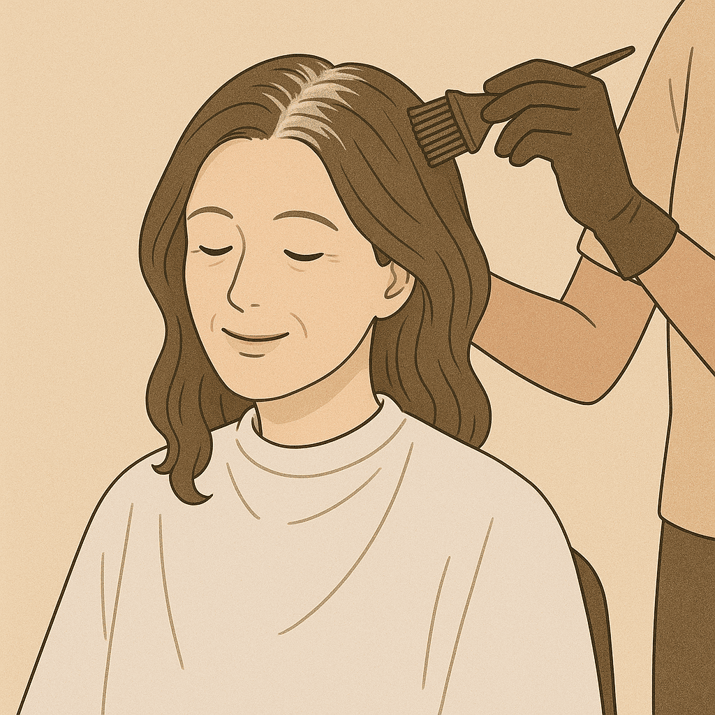 美容室で白髪染めをする50代女性