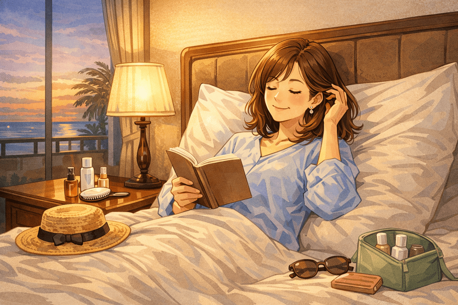旅行先のホテルのベッドでくつろぎながら読書を楽しむ50代女性。海・山・都市それぞれの風景を背景に、穏やかな表情でリラックスしているイラスト。