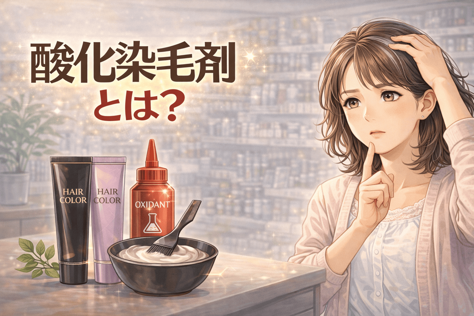酸化染毛剤とは何か疑問に感じる表情の50代女性と白髪染め用品のイラスト