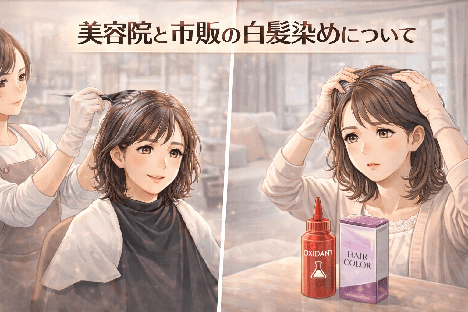 美容院と自宅での白髪染めを比較しながら悩む50代女性のイラスト