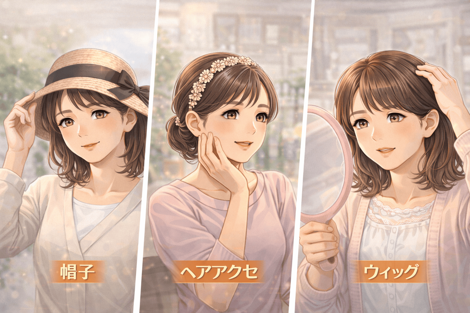 帽子・ヘアアクセ・ウィッグを上手に取り入れた50代女性のヘアアレンジ比較写真