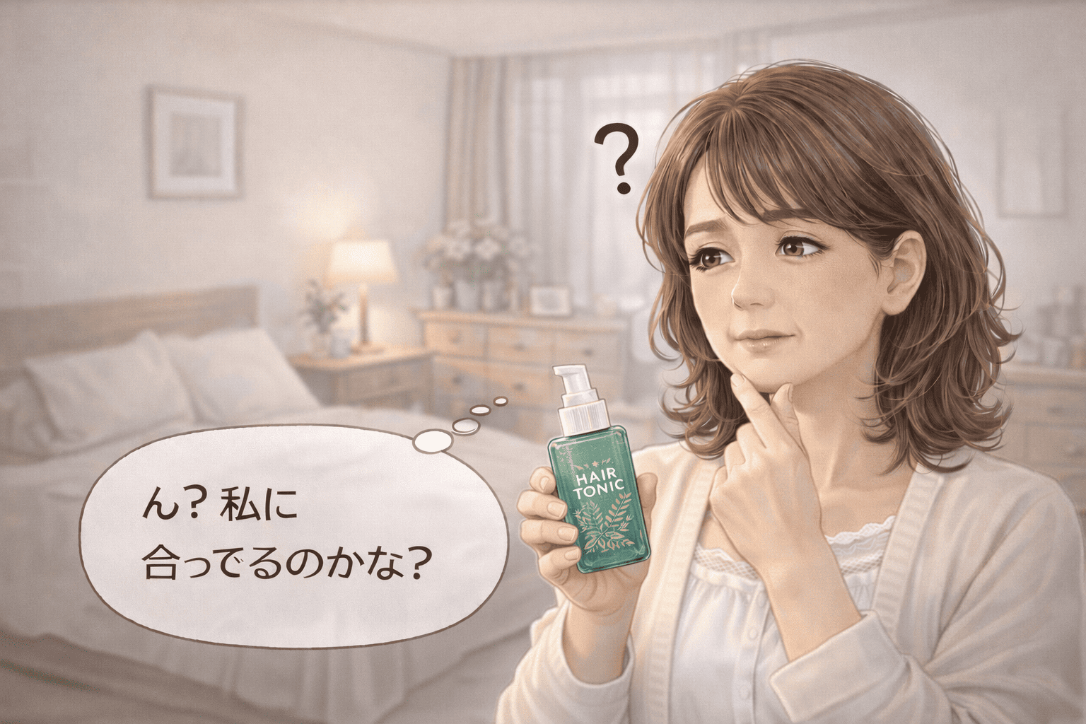 ヘアトニックのボトルを手に取り「私に合っているかな？」と悩む50代女性のイラスト