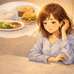 食事制限を考えて悩む50代女性と、吹き出しの中に健康的な食事とジャンクフードが並ぶイラスト。無理なダイエットと髪・栄養の関係をイメージした横長アイキャッチ。