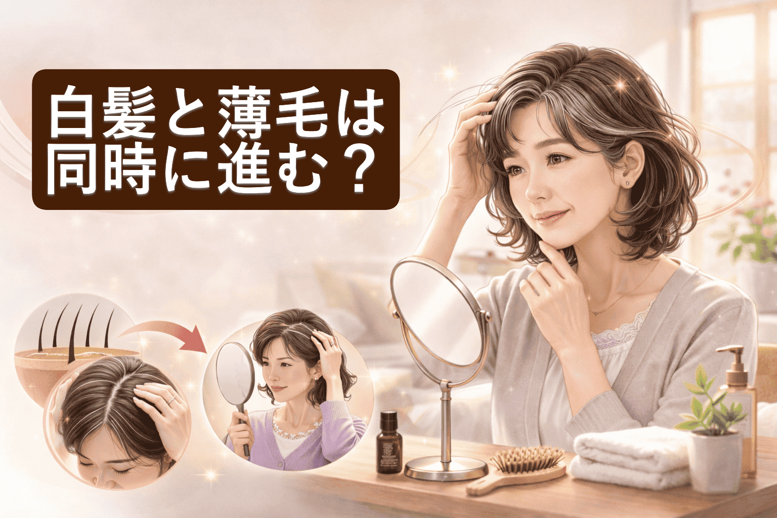白髪と薄毛の変化を気にしながら鏡で髪を確認する50代女性のアイキャッチイラスト