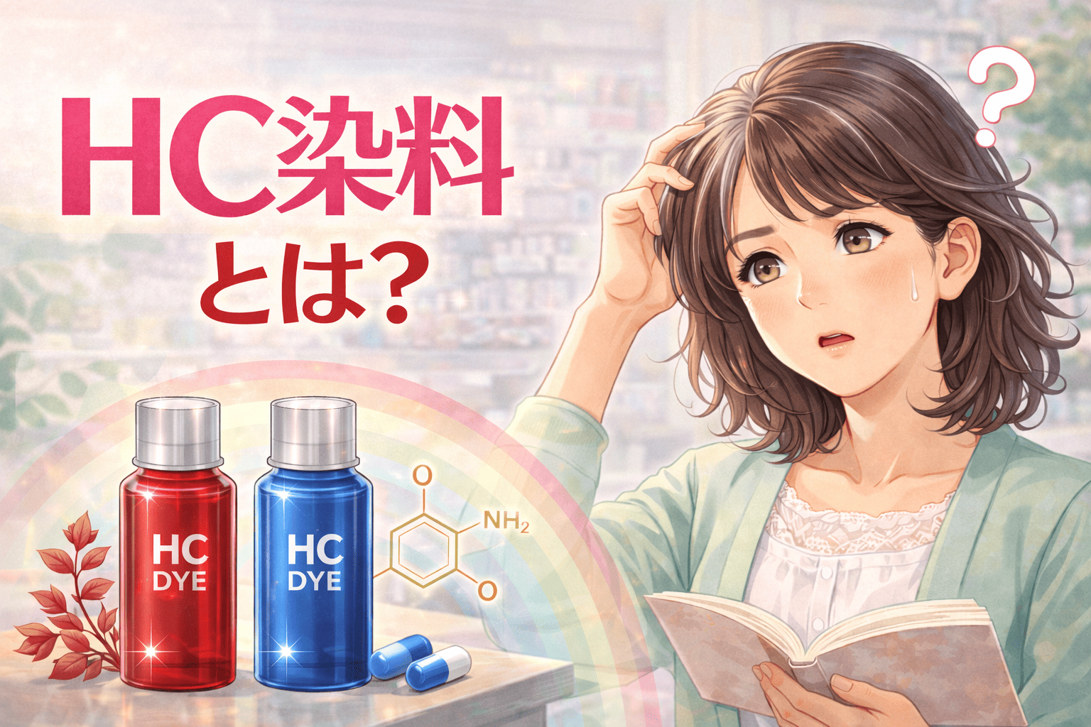 HC染料とは何かと疑問に感じる表情の50代女性と赤と青のHC染料ボトルのイラスト