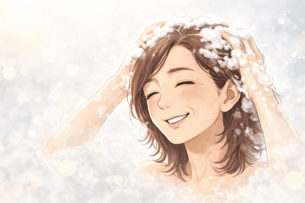 頭皮匂いケアシャンプーを使う50代女性