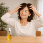 ホホバオイルで頭皮マッサージする50代の女性