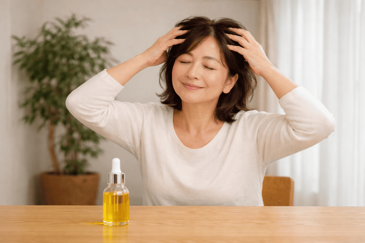 ホホバオイルで頭皮マッサージする50代の女性
