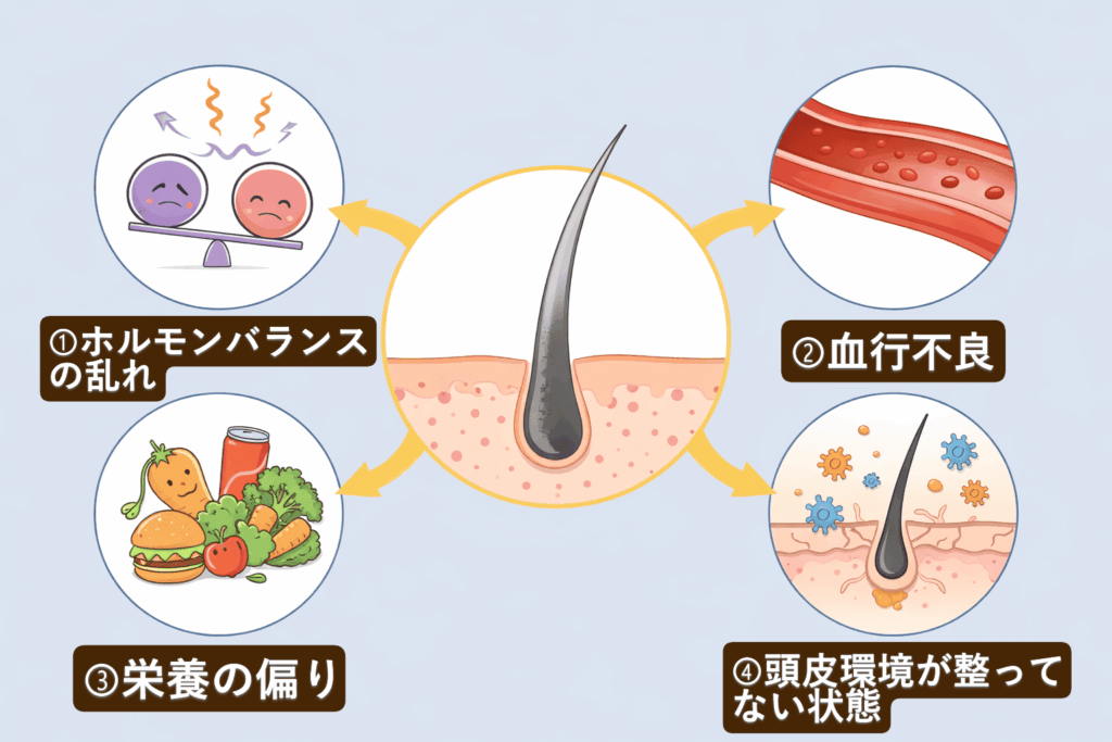 白髪が増えていくのは、加齢だけが原因ではなく、ホルモンバランスの乱れや血行不良、栄養の偏り、頭皮環境が良くない状況など複数の要因が重なって進行していきます。