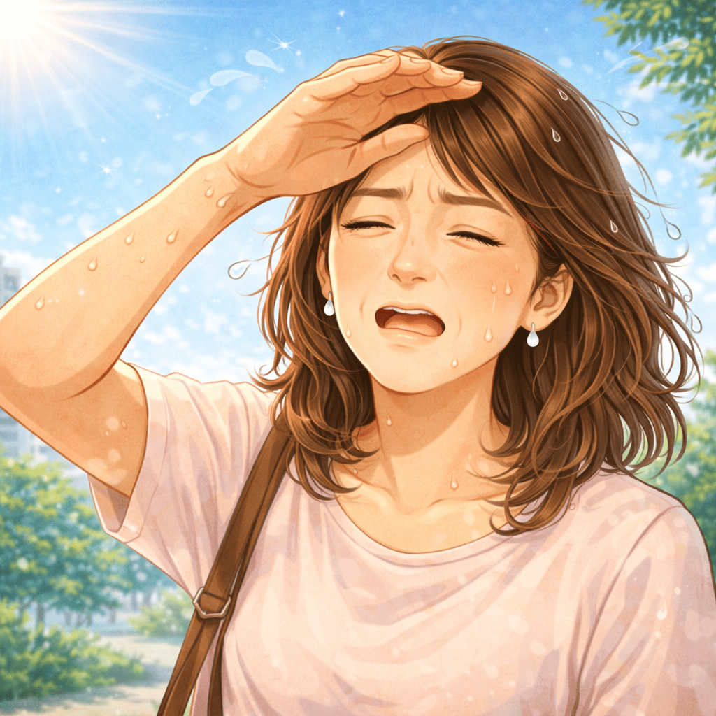 真夏の強い紫外線を浴びるTAKAKO。頭皮にダメージが。