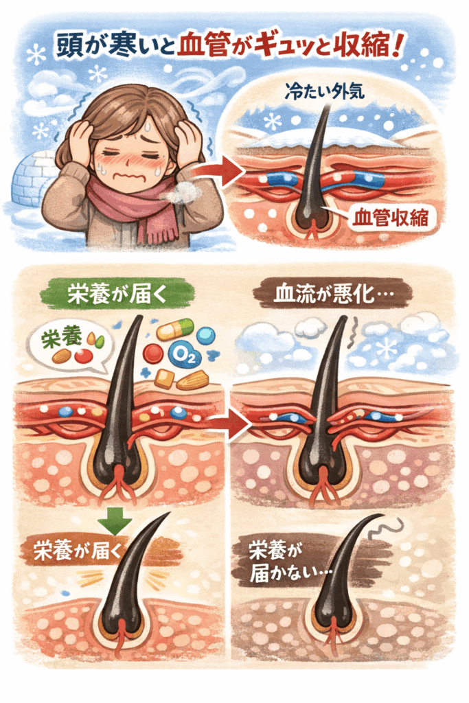 寒いときは頭皮の毛細血管が収縮する。