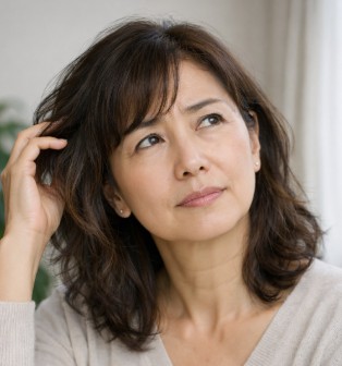 50代女性が髪のうねりやパサつきを気にして触りながら悩んでいる様子の写真