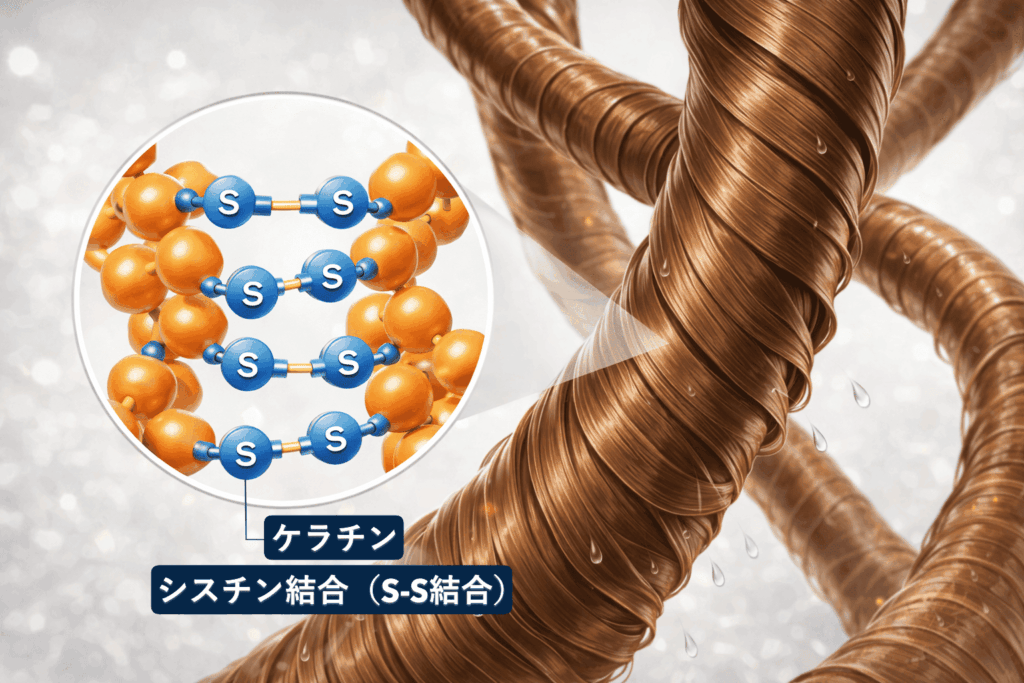 ケラチン同士を繋いで髪の強さやしなやかさを保っているのが「シスチン結合」、と言う科学的な結びつきです。