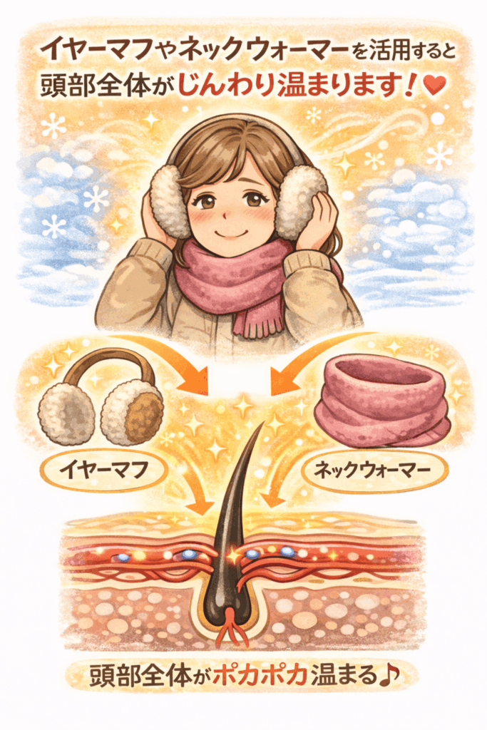 イヤーマフやネックウォーマーを活用すると、頭皮を直接覆わなくても頭部全体がじんわり温まります。