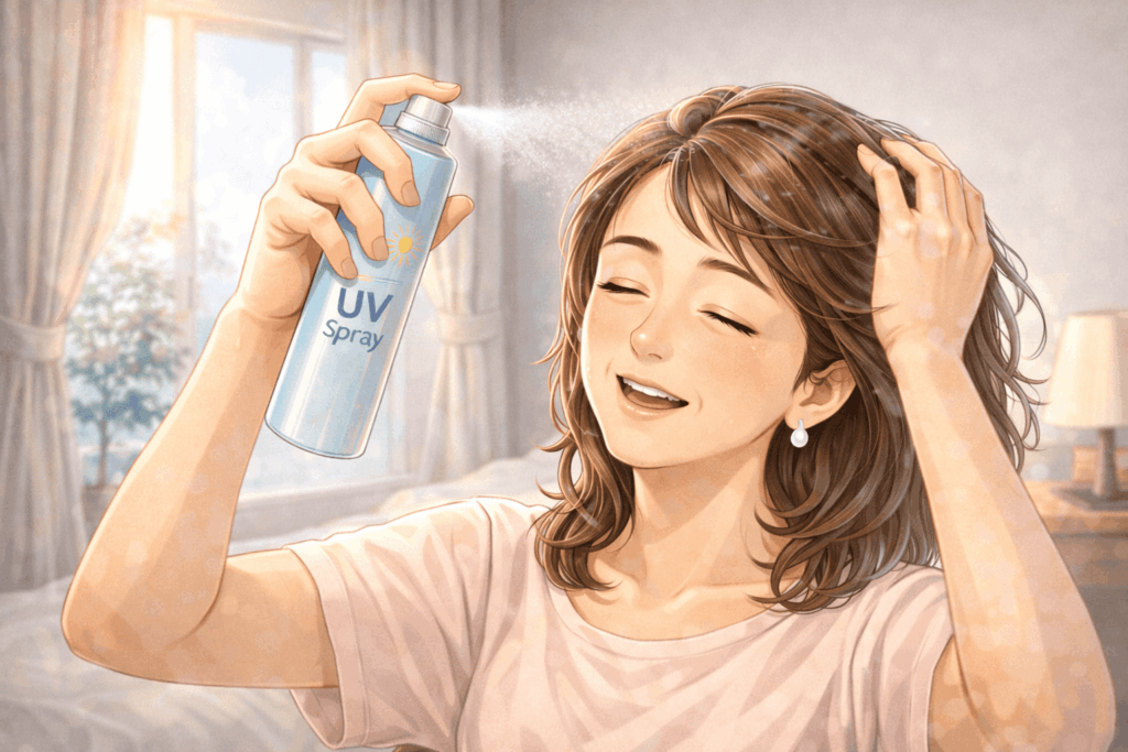 真夏の紫外線から頭皮を守るために頭皮用UVスプレーを使う50代女性