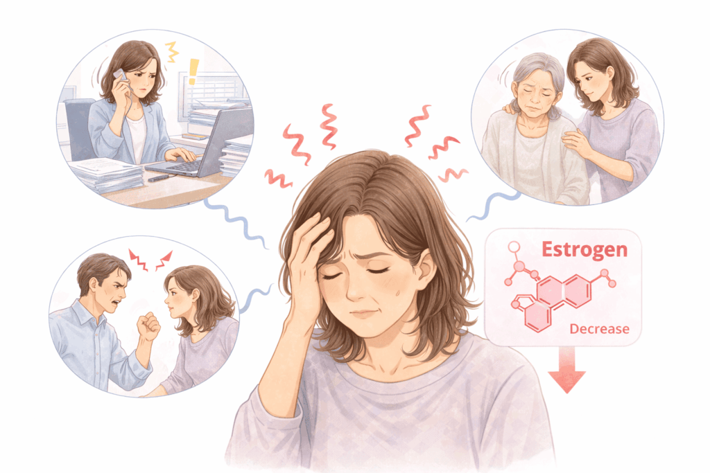 仕事・家庭・介護などのストレスに悩み、女性ホルモンの減少に影響を受ける50代女性のイメージイラスト