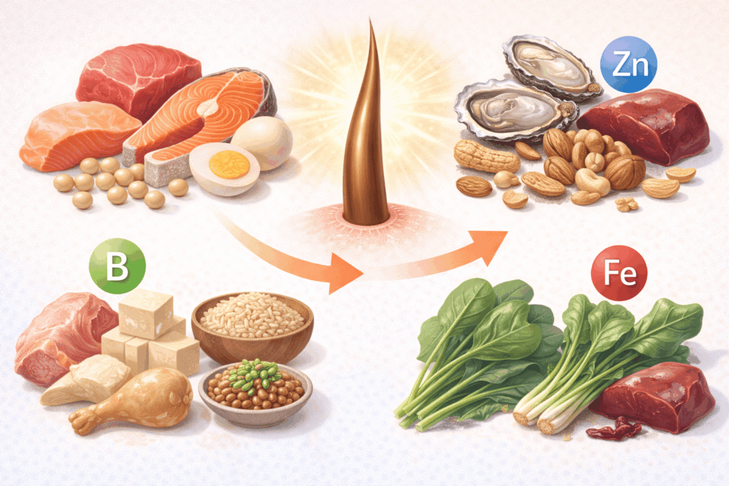 髪の健康に必要な栄養素を示したイラスト。肉・魚・卵・大豆製品・ナッツ・野菜など、タンパク質やビタミン、ミネラルを含む食品と健康的な髪の関係を表現