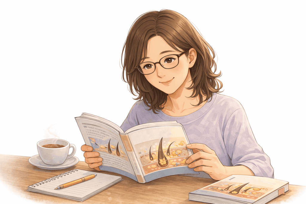 髪のメカニズムを本で勉強し理解を深める50代女性のイラスト。自宅でヘアケア知識を学び前向きになる様子