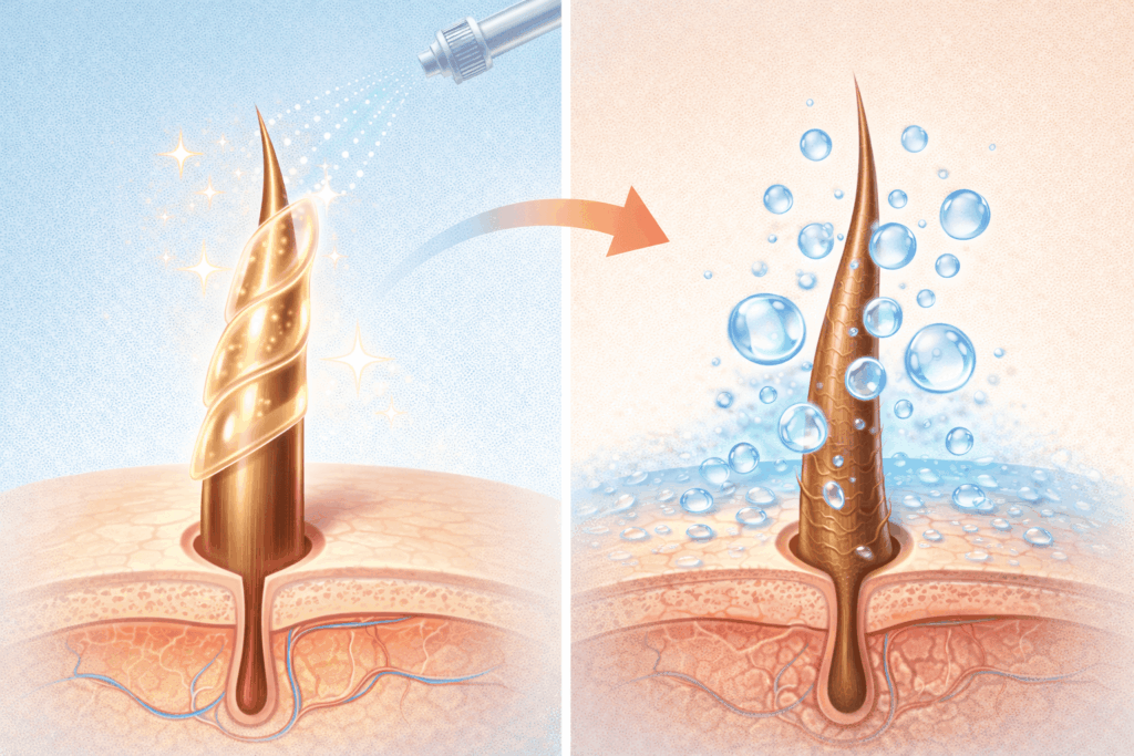 髪表面のコーティングケアと頭皮の深層保湿ケアの違いを示したイラスト。表面のツヤ出しケアと頭皮内部から潤うケアを比較している図