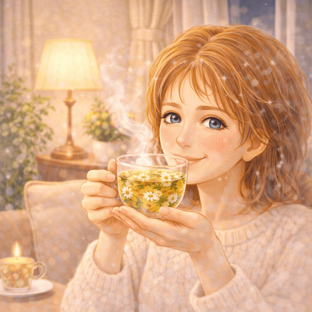 50代女性がハーブティーを飲みながらリラックス