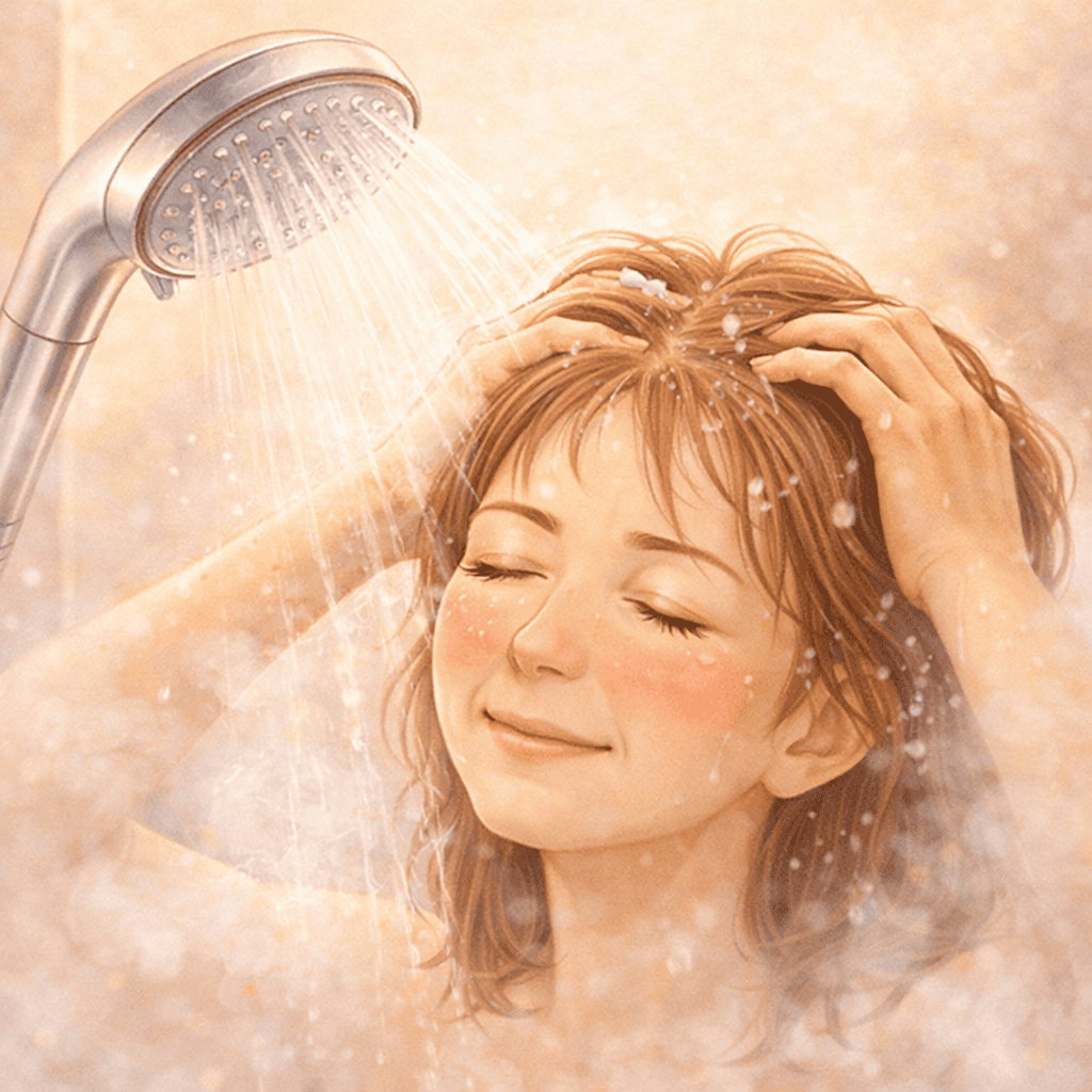 50代女性がシャワーで頭皮ケアをしている