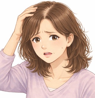 白髪が増えた分け目を手鏡で確認し、不安そうな表情を見せる50代女性のイラスト