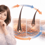 50代女性のヘアサイクル（成長期・退行期・休止期）の仕組みを解説する毛周期イメージ図