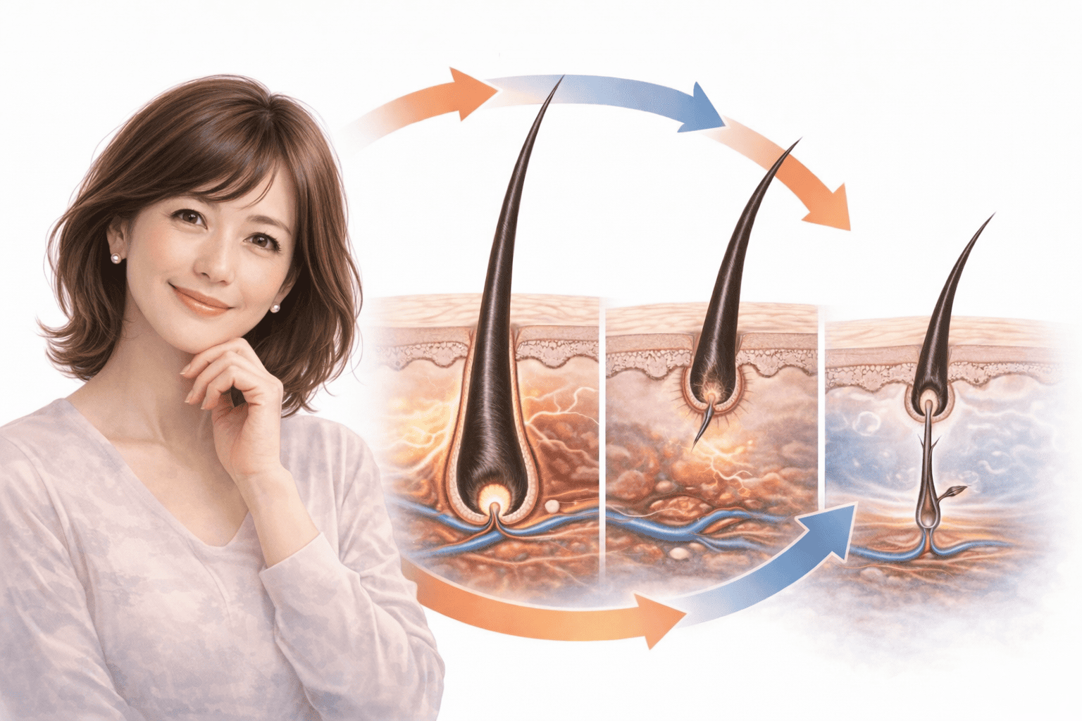 50代女性のヘアサイクル（成長期・退行期・休止期）の仕組みを解説する毛周期イメージ図