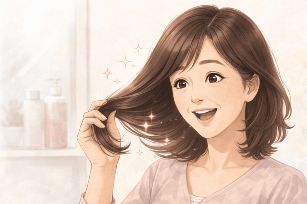 50代女性が髪質改善トリートメント後のサラサラでツヤのある髪を手に取り笑顔で確認しているイラスト