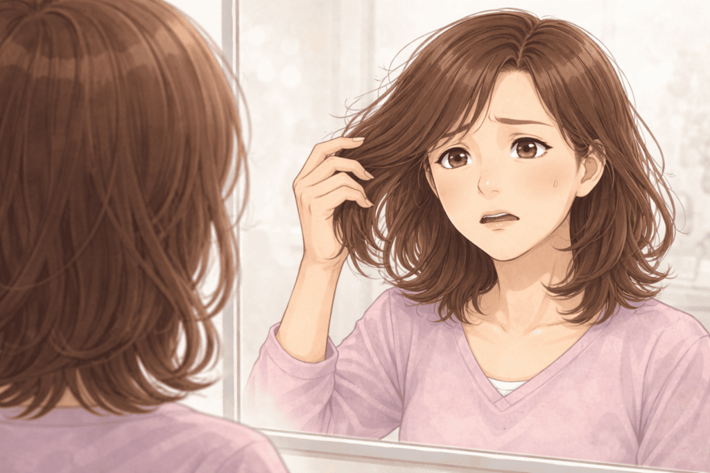 鏡に映る自分のパサついた髪を見てがっかりする50代女性のイメージイラスト