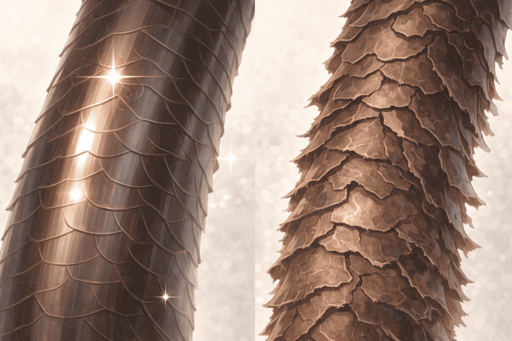 キューティクルが整ったツヤ髪とダメージで剥がれたパサパサ髪の違いを比較したイメージイラスト