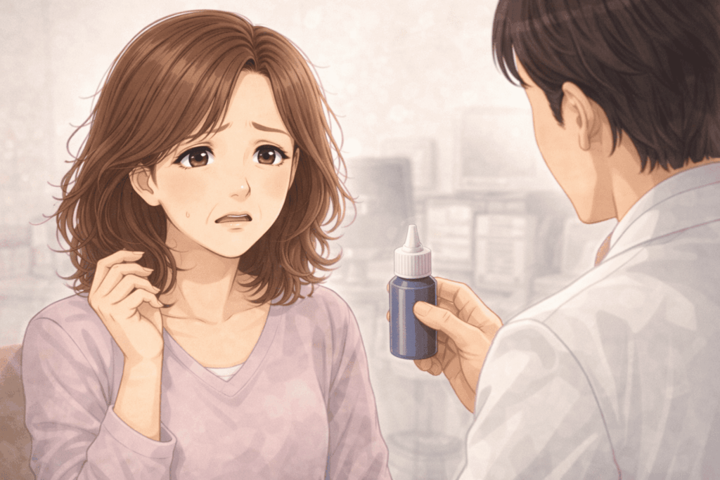 美容皮膚科の医師から育毛剤の説明を受け、不安そうな表情を見せる50代女性のイラスト