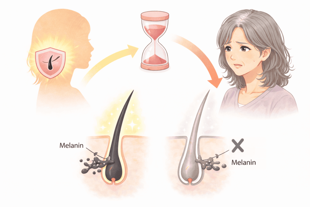 女性ホルモンの減少によりメラニン生成が低下し黒髪から白髪へ変化する仕組みを示したイラスト