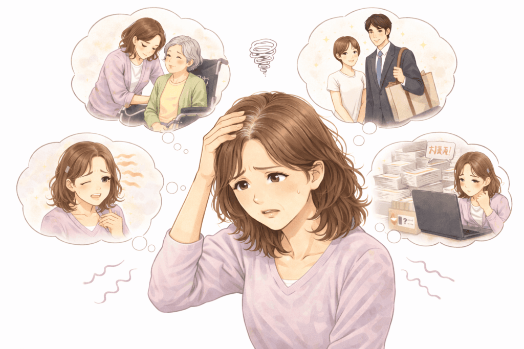 親の介護や仕事、家族、体調、将来への不安など多くのストレスに悩む50代女性のイラスト