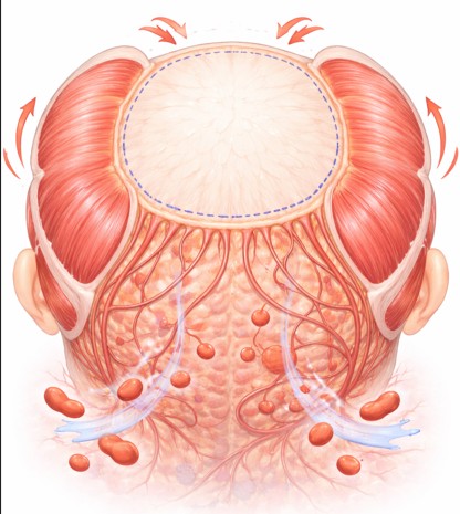 50代女性の頭皮構造イラスト。前頭部・側頭部・後頭部の筋肉と血管の流れ、頭頂部に筋肉がない帽状腱膜の位置を示した図