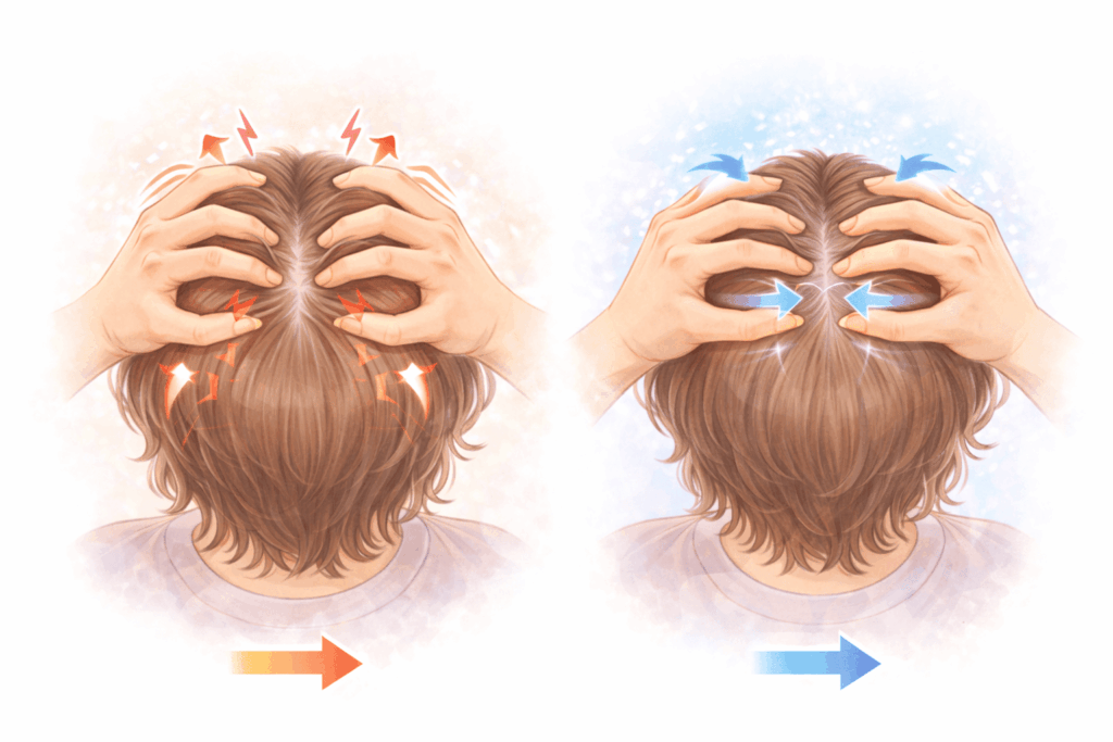 頭皮を指で押してからゆるめる「圧迫法」マッサージの手順イラスト。50代女性の頭頂部を両手で圧をかけ、血流が促進される様子を示した図