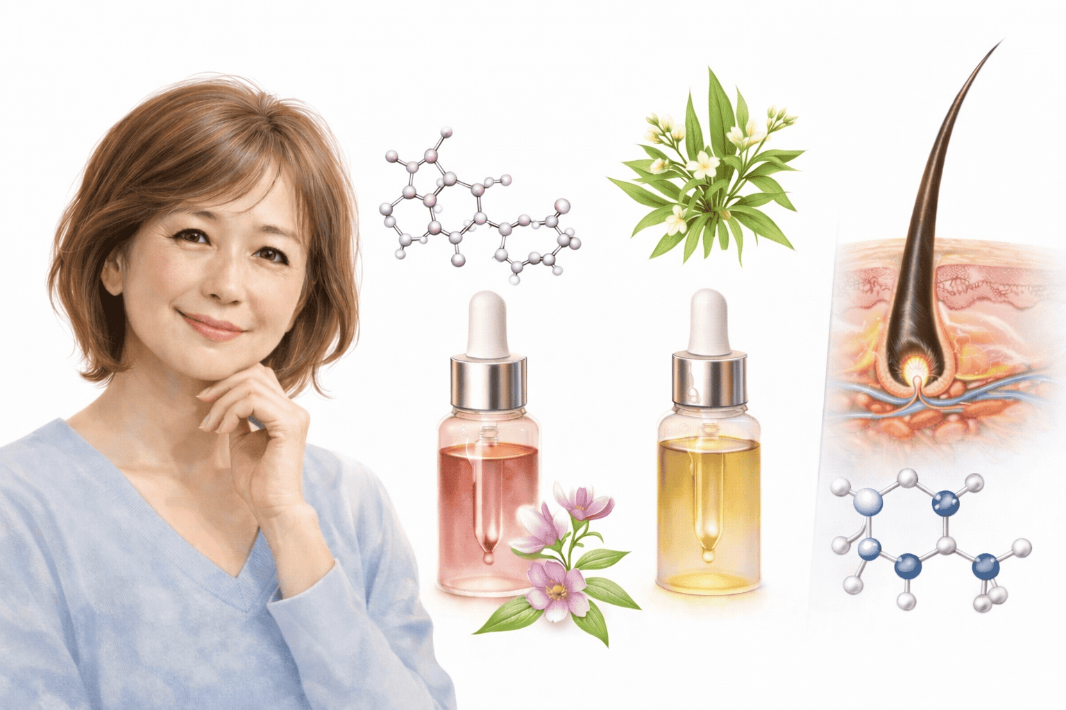 エチニルエストラジオール・センブリエキス・ミノキシジルの作用を比較した育毛剤有効成分イメージ図