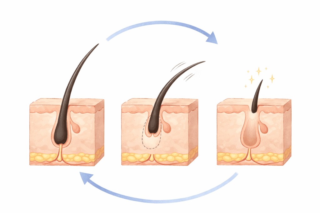 髪の毛が成長期・退行期・休止期のヘアサイクルを繰り返す仕組みを示した頭皮断面のイラスト