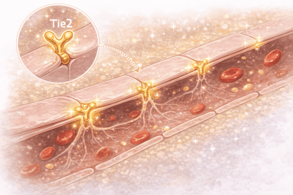 血管の内側と外側の細胞がTie2受容体によってしっかり結合し、血液が漏れない仕組みを示したイラスト