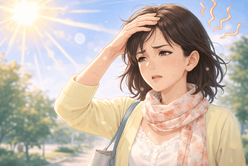 春の強い紫外線と暑さを感じながら外を歩く50代女性|頭皮ダメージと紫外線増加のイメージ