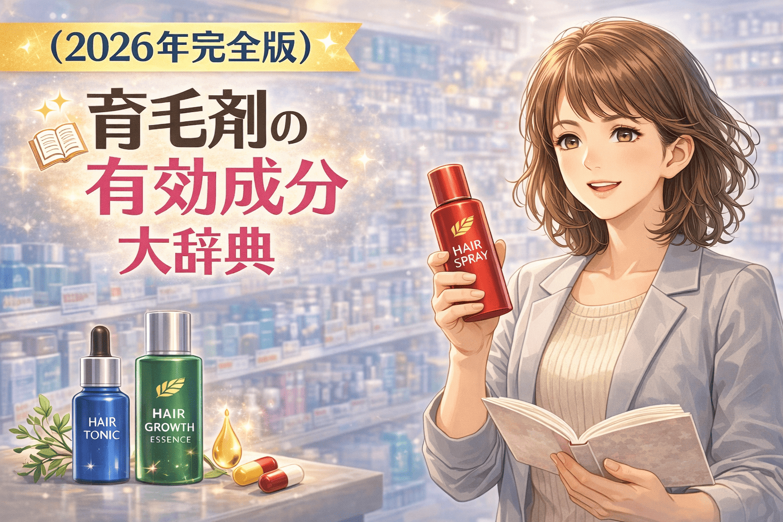 ドラッグストアのヘアケア売り場で育毛剤を手に取り、有効成分を確認する50代女性と育毛成分イメージ