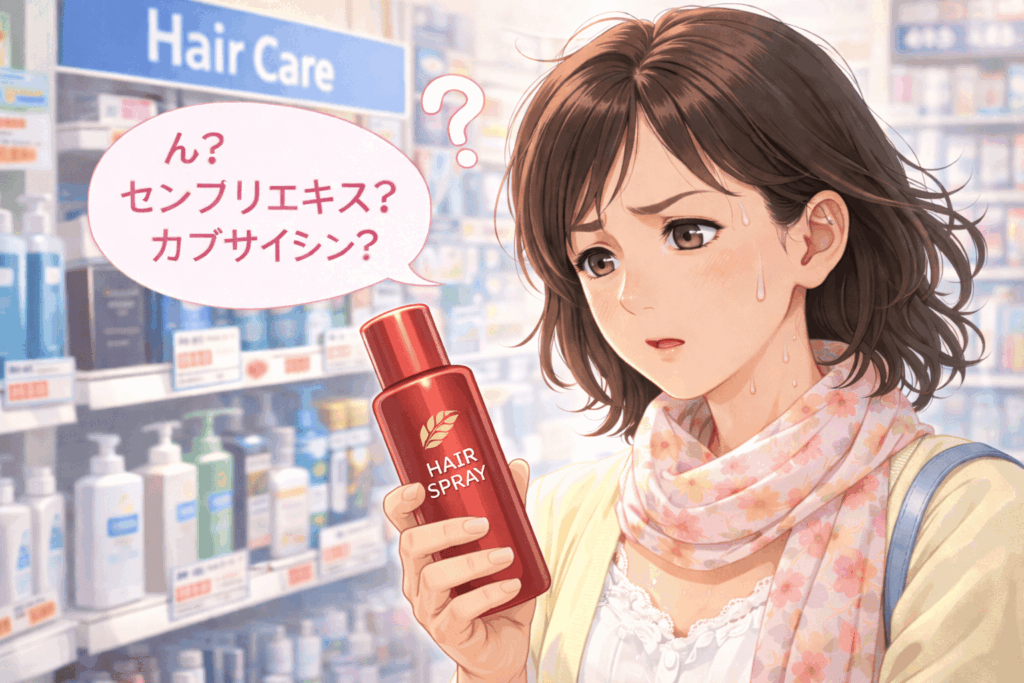 ドラッグストアでヘアケア商品を手に取り、成分表示を見て迷う表情の50代女性のイラスト