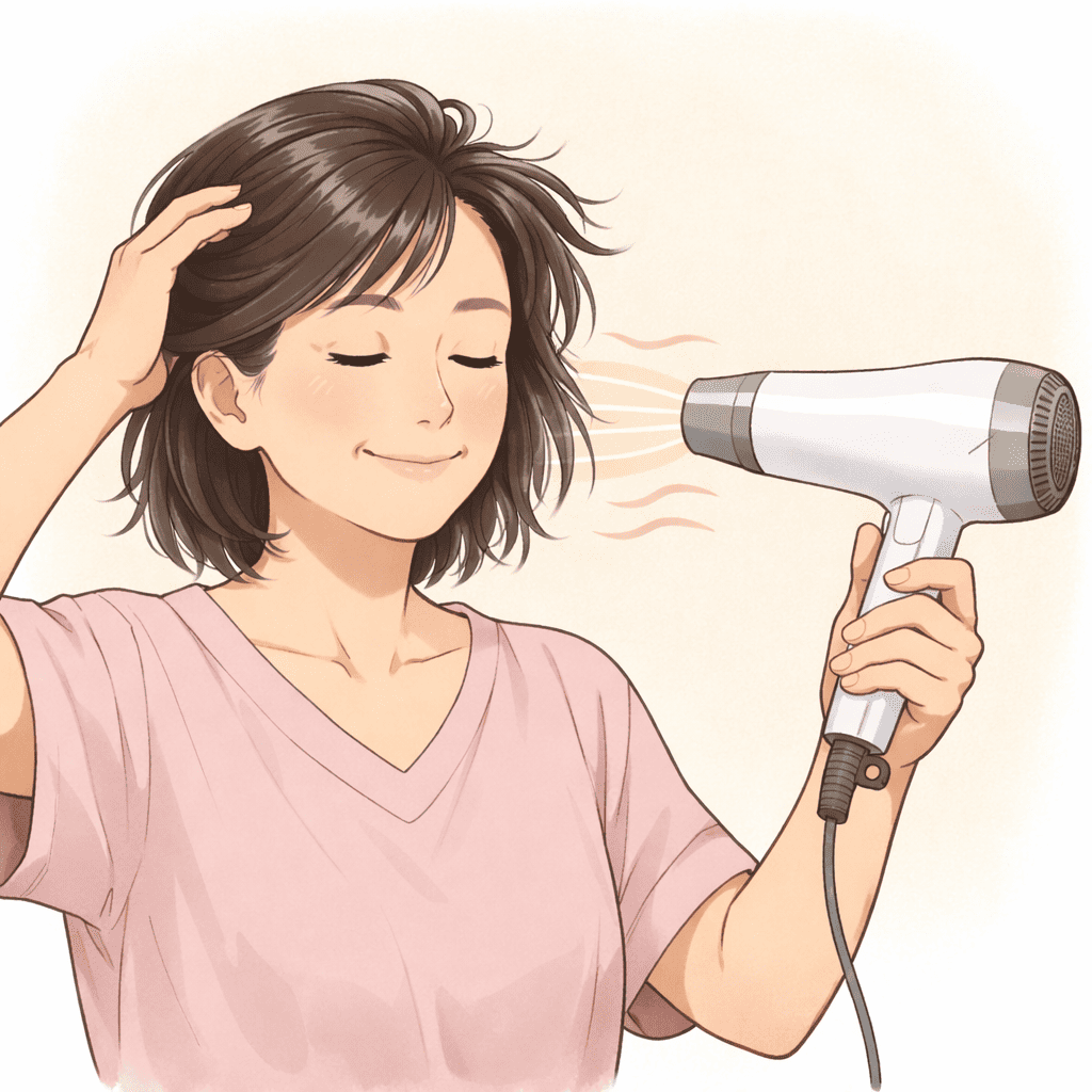 ドライヤーを頭皮から少し離して根元を乾かしている50代女性のヘアケアイメージ