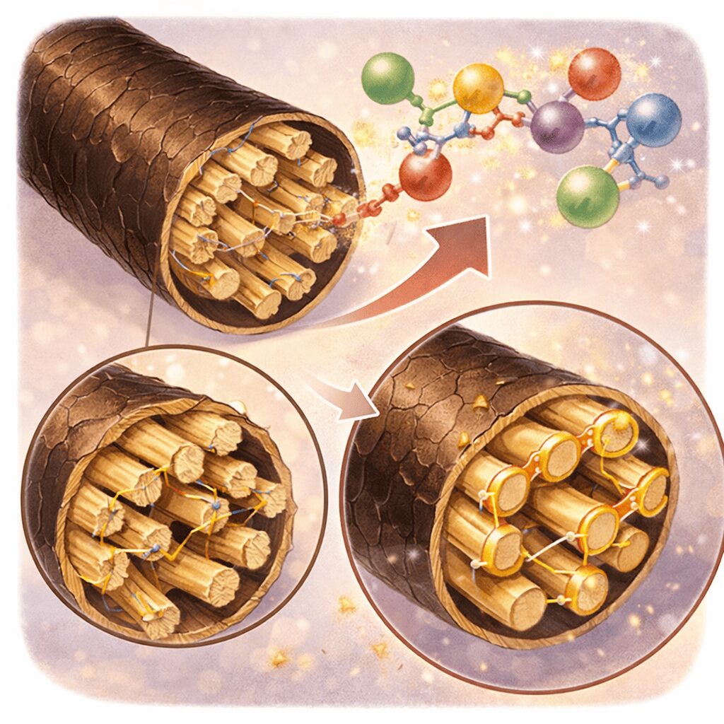 酸熱トリートメントの有機酸が髪内部に浸透しタンパク質繊維の結合を補強する仕組みのイラスト