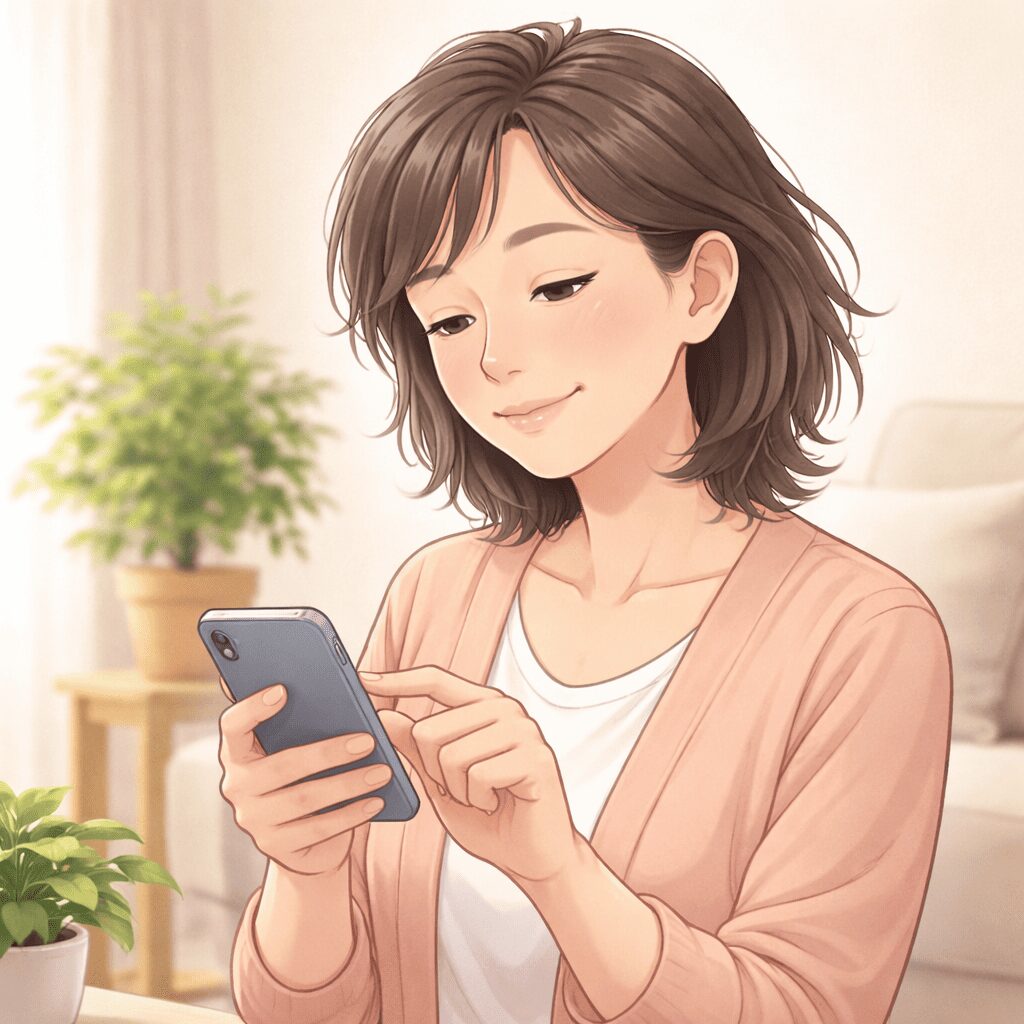 スマートフォンを確認しながら頭皮チェックの予定を確認している50代女性のイメージ