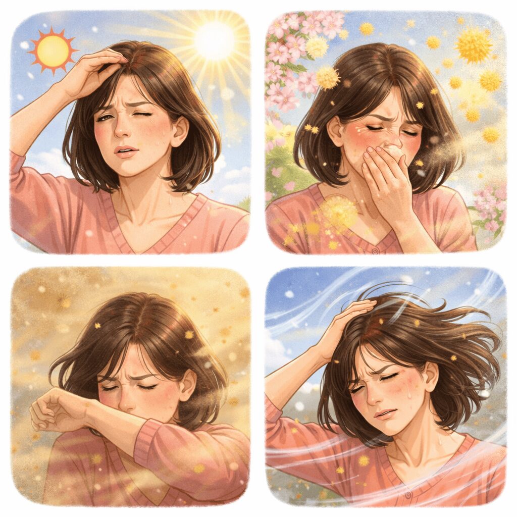 春の頭皮トラブルの原因(紫外線・花粉・黄砂・強風)を受ける50代女性のイラスト